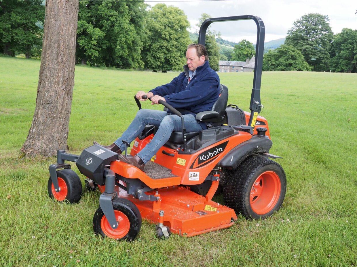 Image shows Kubota’s ZD1211 zero turn mower showing its versatility at Glanusk estate in South Wales